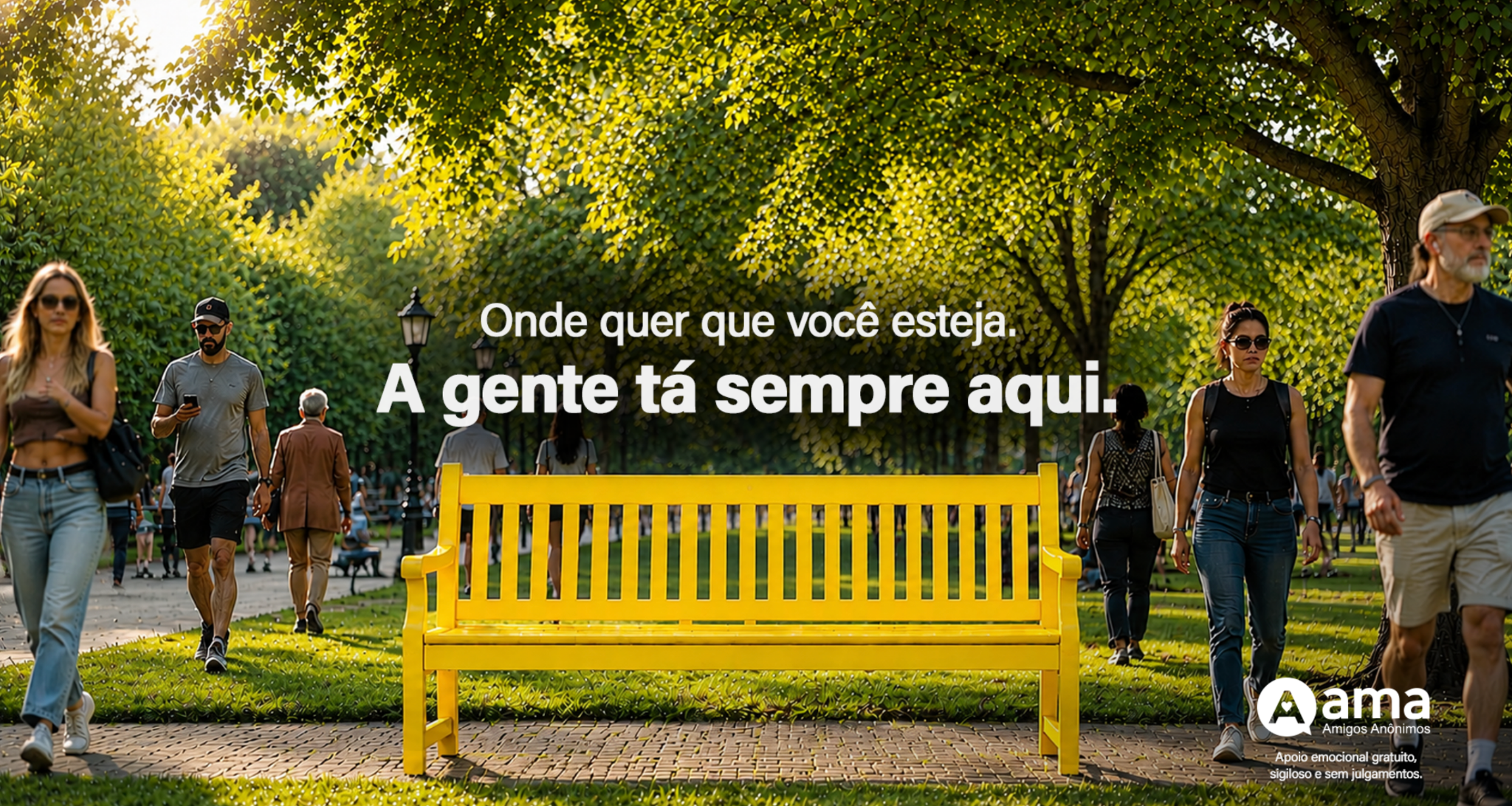 Onde quer que você esteja. A gente tá sempre aqui. Banco amarelo em um parque