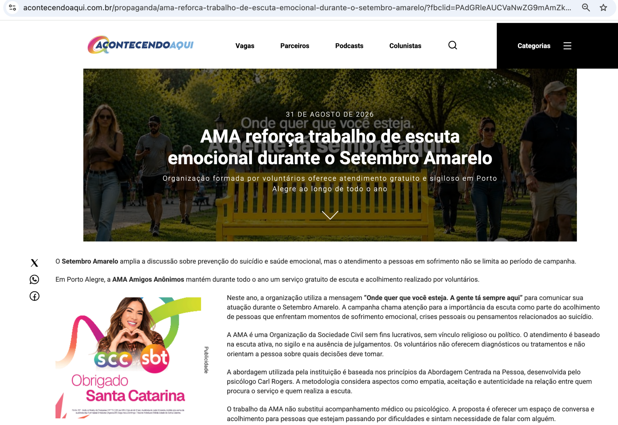 Matéria: AMA reforça trabalho de escuta emocional durante o Setembro Amarelo